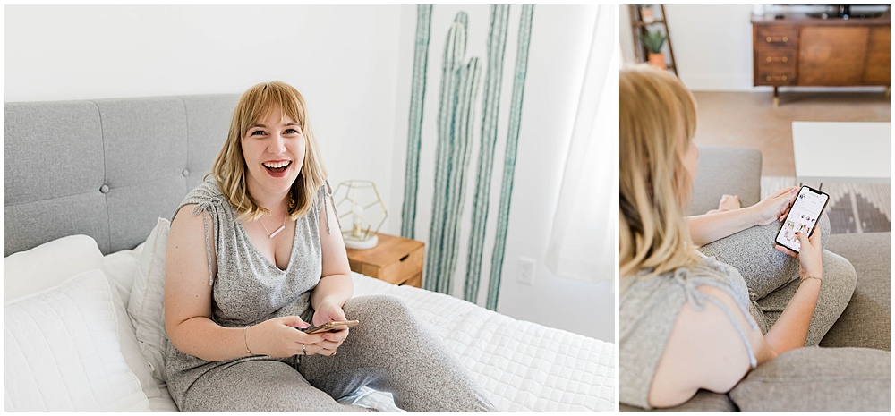 blonde woman holding phone on couch talking about a social media break