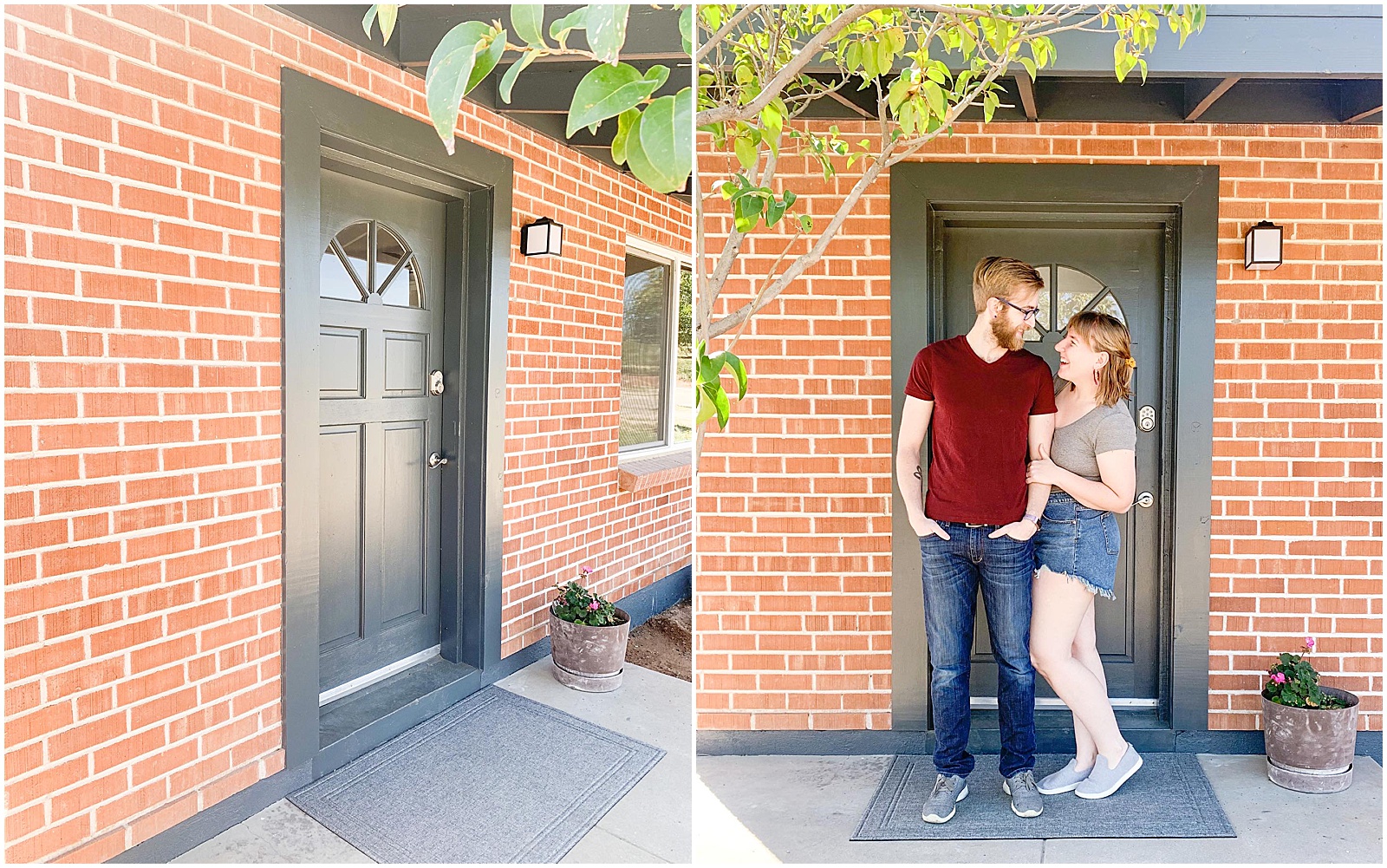 buying a house as an entrepreneur couple standing in front of a brick midcentury house