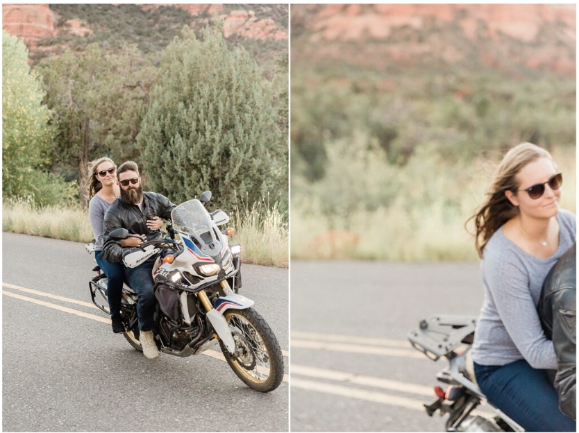 Sedona Engagement Session - couple on a motorcycle surrounded by red rocks