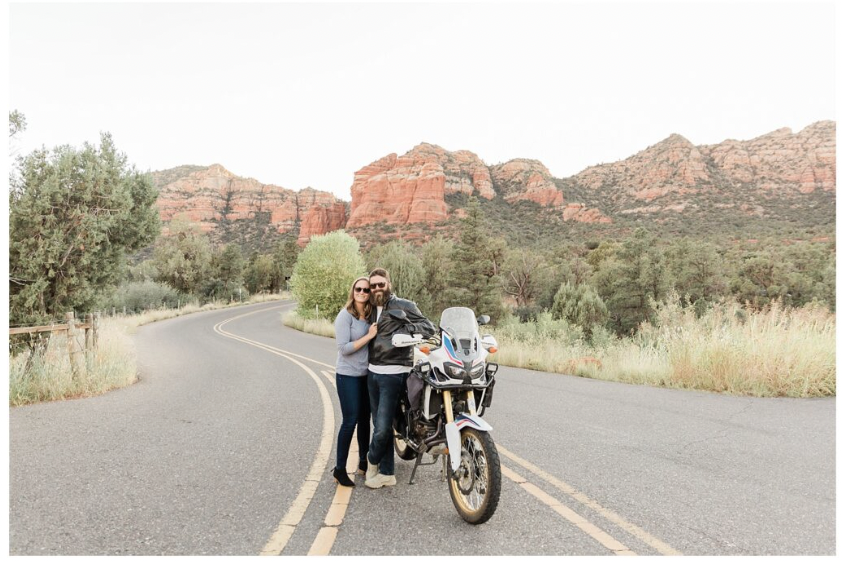 Sedona Engagement Session - couple on a motorcycle surrounded by red rocks