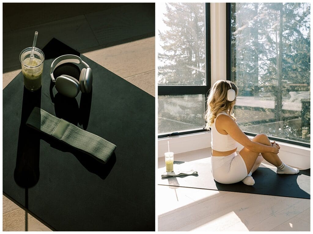 wellness influencer in a gym with headphones and water