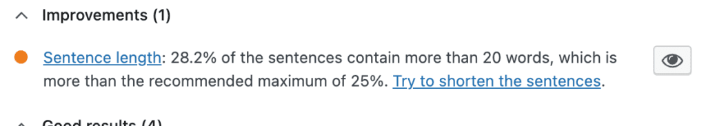 screenshot of the yoast seo plugin saying that more 28% of the sentences contain more than the recommend 20 words